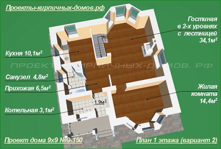 план 1 этажа дома 9 на 9 (2 вариант)